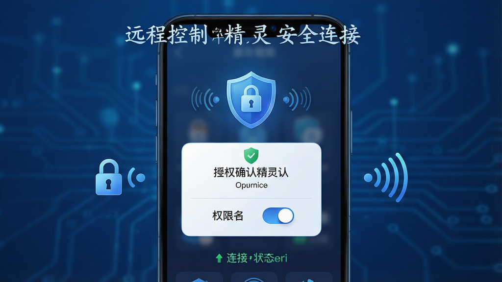 一张展示远程控制精灵安全连接机制的示意图,主体为手机屏幕显示授权确认弹窗,布局为居中突出,排版强调安全锁和盾牌图标,风格为稳重科技蓝调,细节包括加密标识、权限开关和连接状态,画质高清干净,图片中文字为“远程控制精灵 安全连接”。