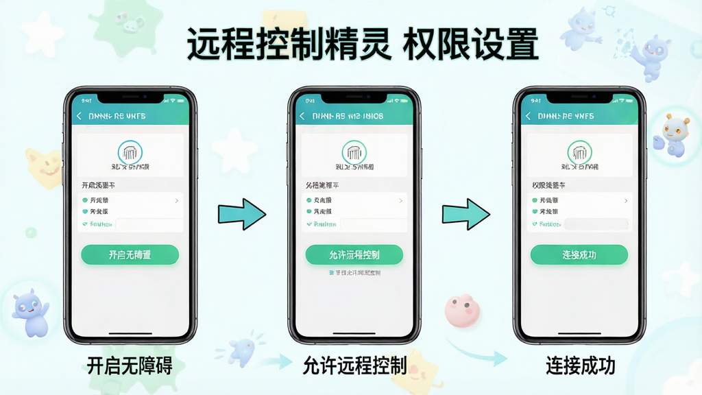 一张展示远程控制精灵新手操作步骤的示意图,主体为手机屏幕显示权限设置页面,布局为分步展示三个操作画面,排版从左到右依次为开启无障碍、允许远程控制、连接成功,风格为清新浅色教程风,细节包括高亮按钮、箭头指引和文字说明,画质高清干净,图片中文字为“远程控制精灵 权限设置”。
