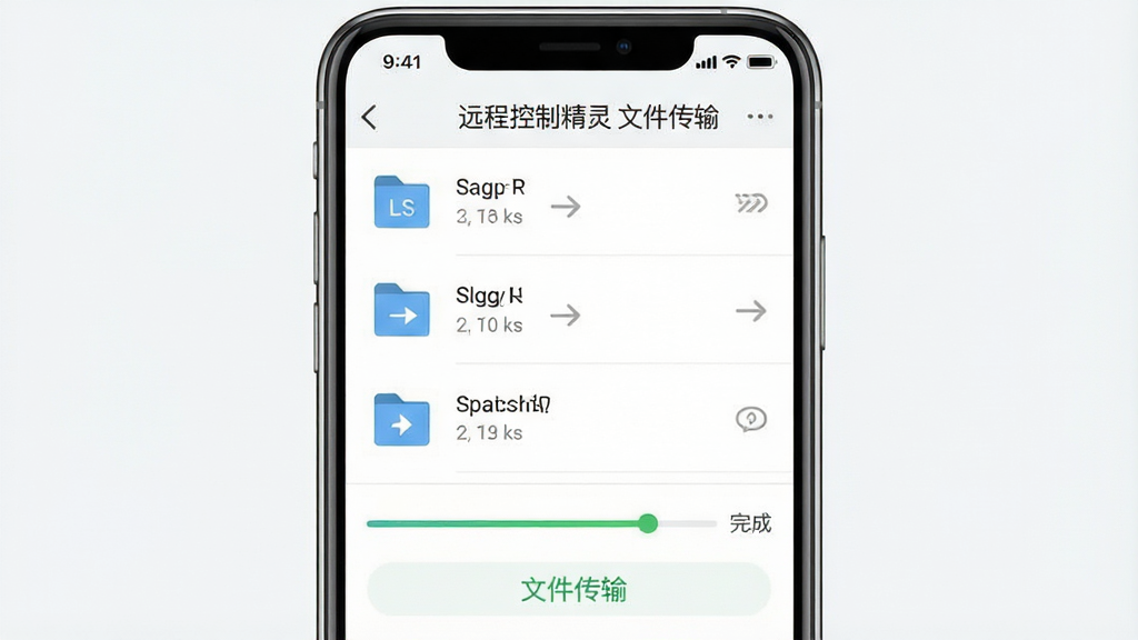 一张展示远程控制精灵文件传输功能的界面图,主体为手机屏幕显示文件管理界面,布局为居中展示,排版包含文件列表和传输进度条,风格为简约现代扁平风,细节包括文件图标、传输箭头和完成状态提示,画质清晰干净,图片中文字为“远程控制精灵 文件传输”。