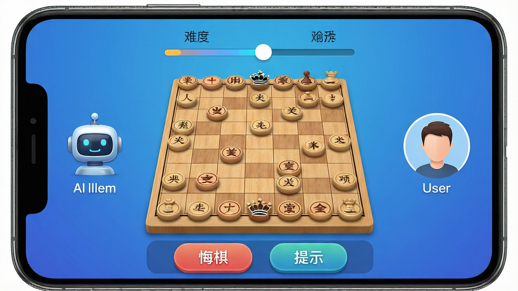 手机屏幕显示中国象棋对弈界面,上方有难度选择滑块,下方有悔棋与提示按钮;画面中AI一方显示机器人图标,人类一方显示用户头像;布局为手机正面展示,背景为渐变蓝色;排版清晰,按钮突出;风格为移动应用界面展示;细节包括棋子立体感、按钮圆角、进度条;画质高清,干净,无多余元素
