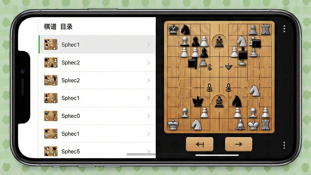 手机屏幕展示棋谱列表与复盘界面,左侧为棋谱目录,右侧为棋盘与走子记录;棋盘下方有前进后退按钮;布局为分栏式界面,手机横屏;排版整齐,信息层级分明;风格为效率工具类应用;细节包括列表分隔线、棋盘木质纹理、按钮图标;画质清晰,干净,无多余元素