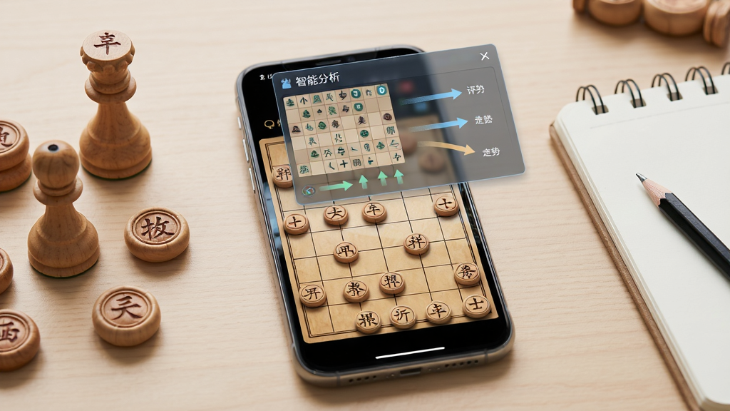 画面中央放置一部智能手机,手机屏幕显示中国象棋棋盘与棋子布局,棋盘上方悬浮一个半透明的智能分析面板,面板上有棋步评分与走势箭头;手机左侧摆放几枚木质象棋棋子,右侧有笔记本与铅笔;背景为浅木色桌面,整体布局居中对称;排版采用产品展示风格,手机略微倾斜,光线柔和;风格为写实科技与传统文化结合;细节包括棋子纹理、屏幕反光、面板数据线条;画质高清,干净,无多余元素