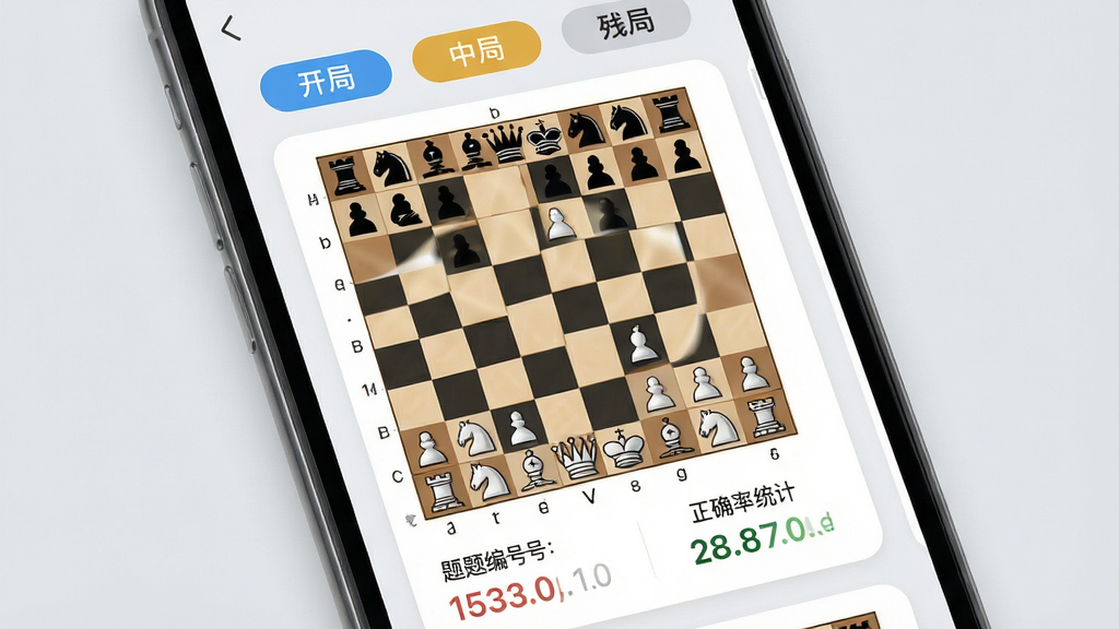手机屏幕显示残局训练界面,棋盘上棋子较少,下方有题目编号与正确率统计;屏幕上方有分类标签如“开局”“中局”“残局”;布局为卡片式设计,背景为浅灰色;排版清爽,重点突出棋盘;风格为学习训练类应用;细节包括标签颜色、统计数字字体、棋盘线条;画质高清,干净,无多余元素