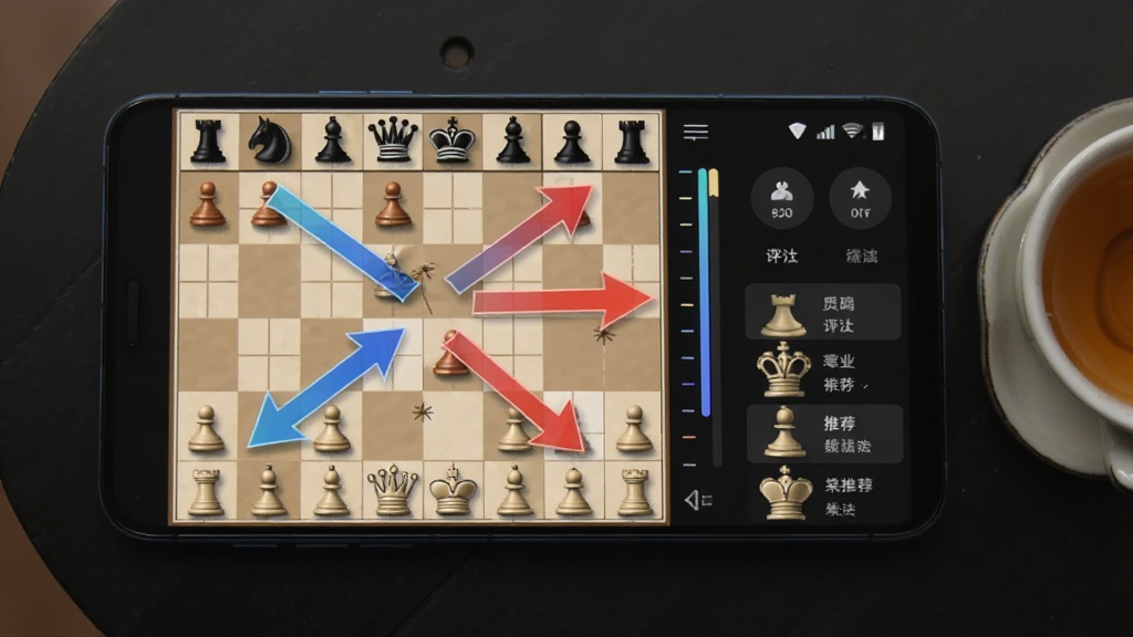 一部安卓手机横屏显示象棋棋盘,棋盘上叠加蓝色与红色的分析箭头,屏幕右侧有评分条与推荐走法列表;手机放在深色桌面上,旁边有一杯茶;布局为特写镜头,手机占画面主体;排版简洁,突出屏幕内容;风格为科技感UI展示;细节包括箭头渐变、评分条刻度、棋子阴影;画质清晰,干净,无多余元素