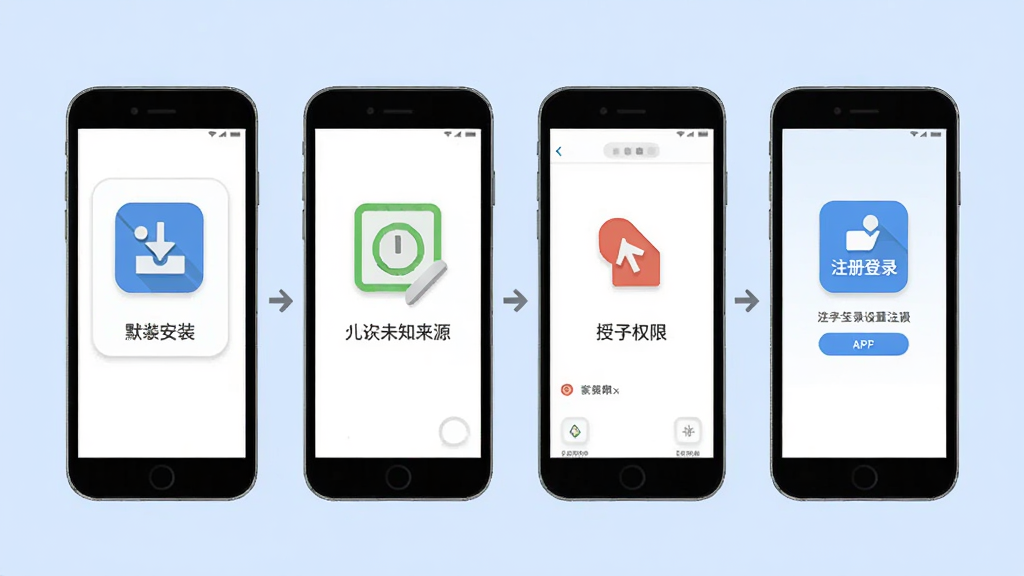 一幅展示默信APP在手机上安装与设置的步骤示意图,画面为一部智能手机,屏幕上依次显示下载安装包、允许未知来源、授予权限、注册登录四个步骤的简化图标,背景为浅蓝色,风格扁平化,细节清晰,画质干净,无多余元素。