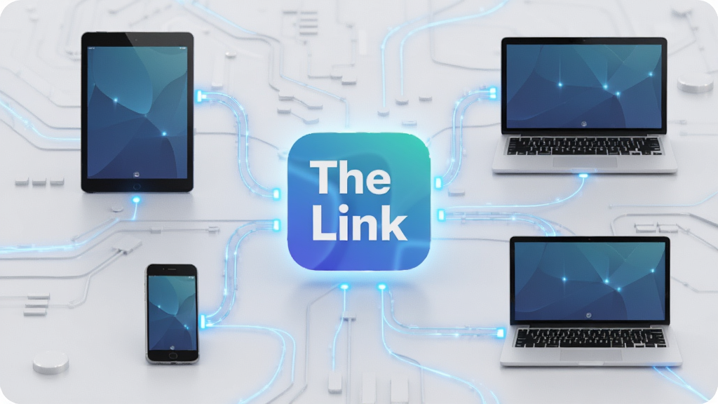 一张展示 The Link 软件核心全貌的图片,画面中央是发光的软件图标,周围环绕着智能手机、平板电脑和笔记本电脑,设备之间用蓝色光带连接,代表数据传输与互联,背景是干净的浅灰色科技纹理,画面风格简洁现代,细节清晰,画质高,画面干净,无多余元素。