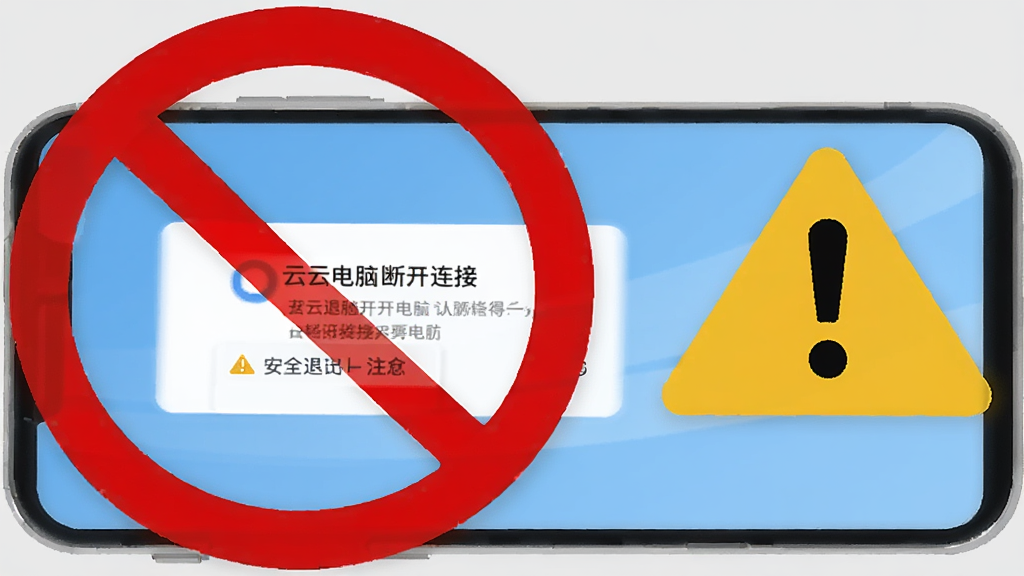 一部手机屏幕显示着云电脑断开连接的确认弹窗,手机旁边有一个红色的禁止符号和黄色的感叹号,背景为浅灰色,排版简洁,风格为警示提示类插画,细节强调安全退出与注意事项,画质清晰,干净,无多余元素