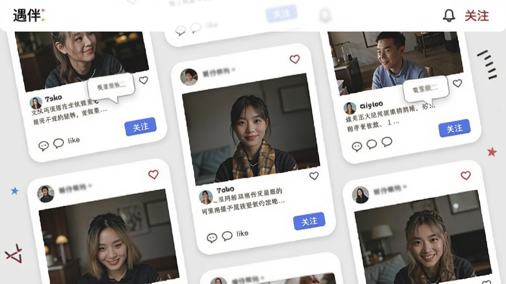 画面展示“遇伴”动态社区页面,多张用户动态卡片错落排列,卡片中包含图片、文字与点赞图标,背景为浅灰色,采用杂志排版风格,布局活泼,细节包含评论气泡与关注按钮,画质干净,无多余元素