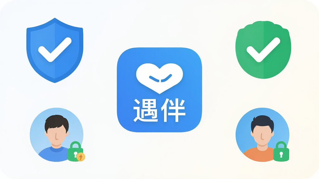 画面以“遇伴”应用图标为中心,周围环绕盾牌、对勾、用户头像等认证符号,背景为浅色渐变,采用简洁扁平风格,布局对称,细节包含真实资料标签与安全锁图标,画质清晰干净,无多余元素