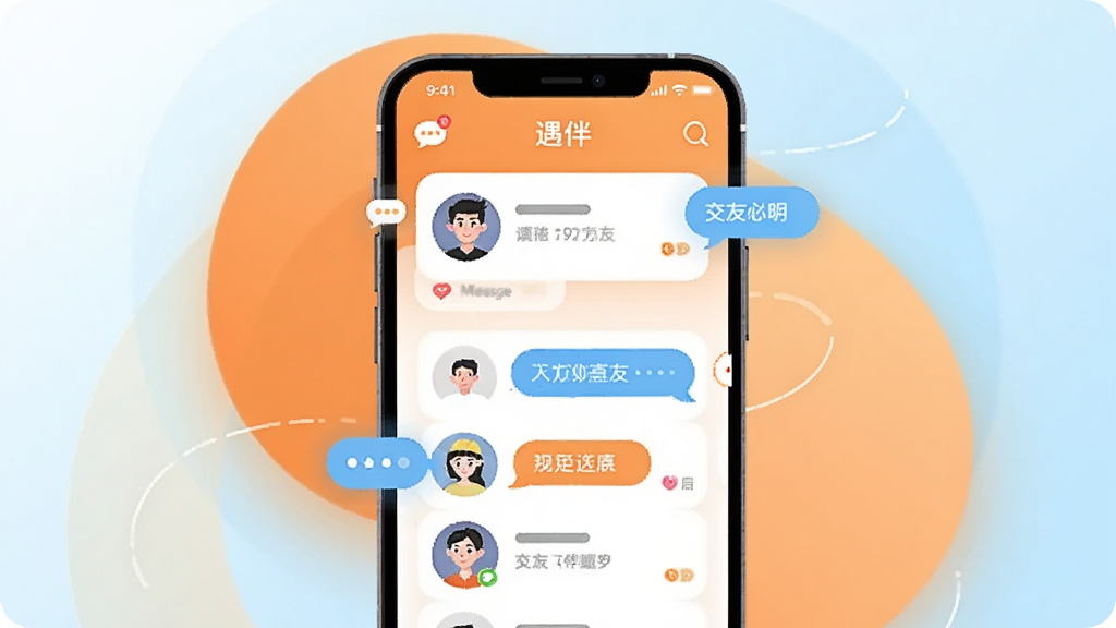 画面中央展示一部智能手机,屏幕内呈现遇伴应用主界面,界面中有多个用户头像卡片与聊天气泡,周围环绕温暖橙色与浅蓝色光晕,整体采用扁平化插画风格,布局清晰,主体突出,细节包含消息图标与交友标签,画质干净明亮,无多余元素,适合软件下载站展示