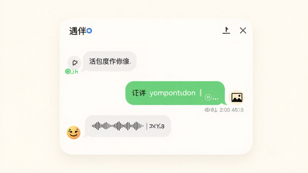 画面中央为“遇伴”聊天窗口,气泡中显示文字与语音消息,旁边有表情按钮和图片图标,背景为暖白色,采用圆角卡片风格,布局清晰,细节包含已读标记与时间戳,画质干净明亮,无多余元素