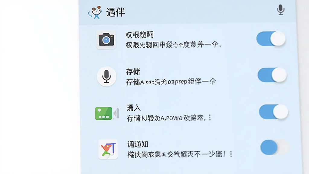 画面展示“遇伴”手机应用在安卓设备上的权限设置界面,包含相机、麦克风、存储、通知等开关按钮,背景为浅蓝色,采用简洁扁平风格,布局纵向排列,细节包含权限说明文字与图标,画质干净清晰,无多余元素