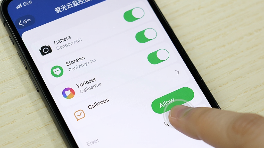 画面主体是萤光云监控APP在手机上的权限设置界面,屏幕显示相机、存储、通知等权限开关列表,用户手指正在点击允许按钮。布局为手机特写,背景为浅色桌面。风格为操作教程截图风格,细节包括权限图标、开关状态、手指触控点。画质高清、干净、无多余元素,整体明亮清晰。