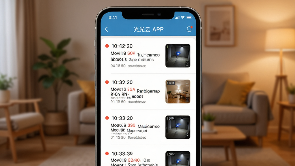 画面主体是萤光云监控APP的告警消息列表界面,手机屏幕显示多条移动侦测通知,每条通知带有时间戳和缩略图。布局为手机正面展示,背景为模糊的家居环境。风格为移动应用界面展示图,细节包括通知红点、缩略图清晰度、列表分割线。画质高清、干净、无多余元素,整体色调偏暖。