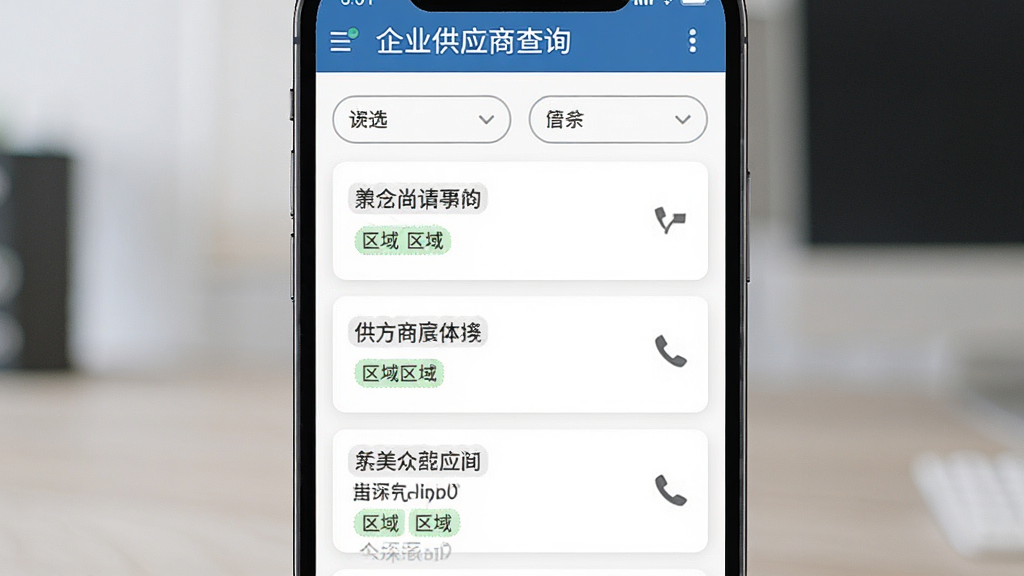 ����eҩ��Ӧ�̲�ѯ����չʾͼ������Ϊ�ֻ���Ļ��ʾ��ҵ��¼�б�������Ϊɸѡ���·���ֱ���й�Ӧ�̿�Ƭ���Ű��������򣬷��Ϊ��������ϸ�ڰ�����ҵ���ơ������ǩ�͵绰ͼ�꣬���ʸ���ɾ��޶���Ԫ��