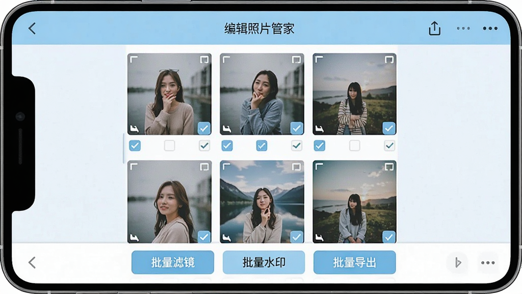 一张展示手机照片批量处理界面的图片,屏幕上显示名为