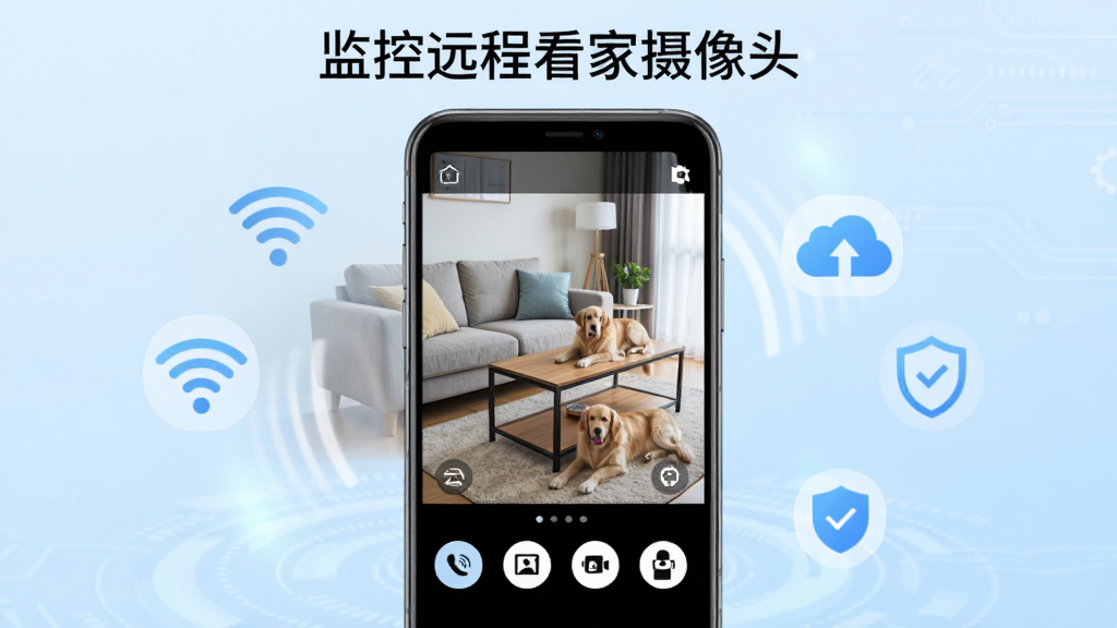 画面中央一部智能手机竖屏展示监控远程看家摄像头的实时监控界面,屏幕内呈现客厅全景,画面中有沙发、茶几和一只趴着的宠物狗,界面底部排列着对讲、截图、录像、云台控制四个圆形按钮,手机周围环绕着WiFi信号图标、云朵存储图标和盾牌安全图标,背景为淡蓝色渐变科技感风格,整体布局简洁对称,细节清晰,文字标注“监控远程看家摄像头”位于画面顶部,画质高清,干净无多余元素