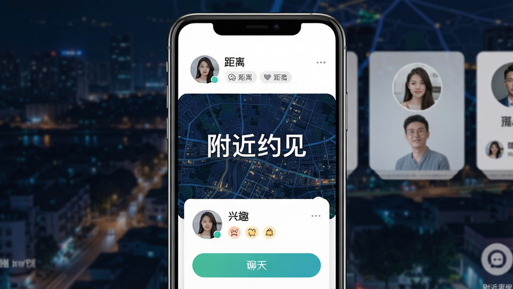 一张手机屏幕展示附近约见应用主界面的图片,画面中央是软件名称