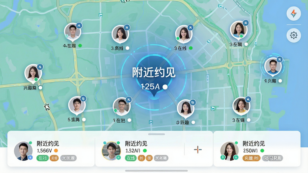 一张展示附近约见同城定位匹配功能的界面截图,画面主体为地图上散布的用户头像标记,中心位置显示软件名称