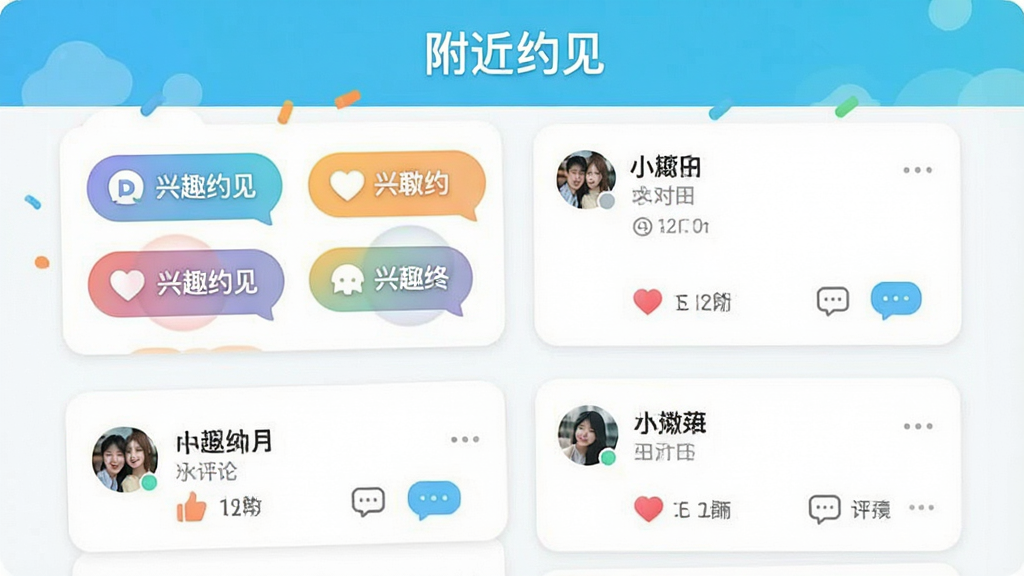 一张展示附近约见兴趣标签推荐与动态广场的界面图片,画面中显示多个兴趣标签气泡和用户动态卡片,顶部带有软件名称