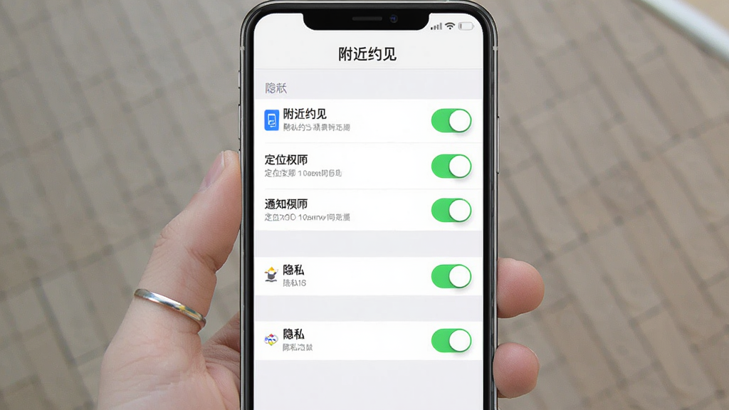 一张展示附近约见应用权限设置与隐私保护界面的图片,画面中显示权限开关列表和隐私选项,顶部标注软件名称
