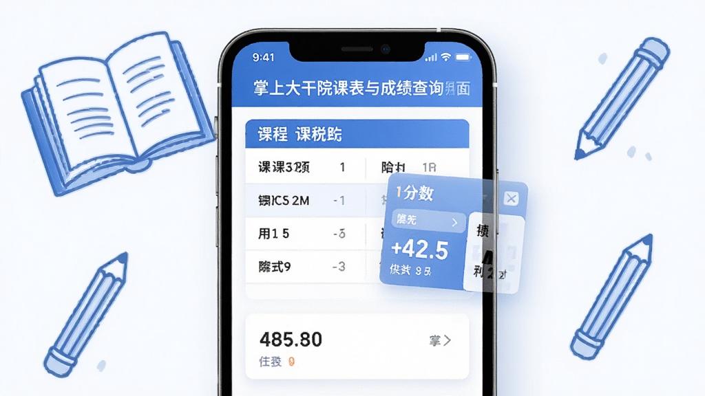 掌上大干院课表与成绩查询界面,手机屏幕显示课程表格与分数卡片,背景有书本与铅笔简笔元素,蓝白配色,排版清晰,风格简约,细节干净,画质清晰,无多余元素