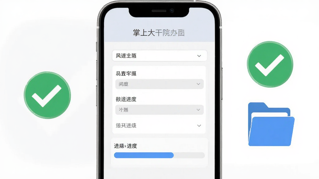 掌上大干院办事页面示意图,手机屏幕展示表单与进度条,旁边有对勾与文件夹图标,浅灰与蓝色搭配,布局规整,风格清爽,细节清晰,画质干净,无多余元素