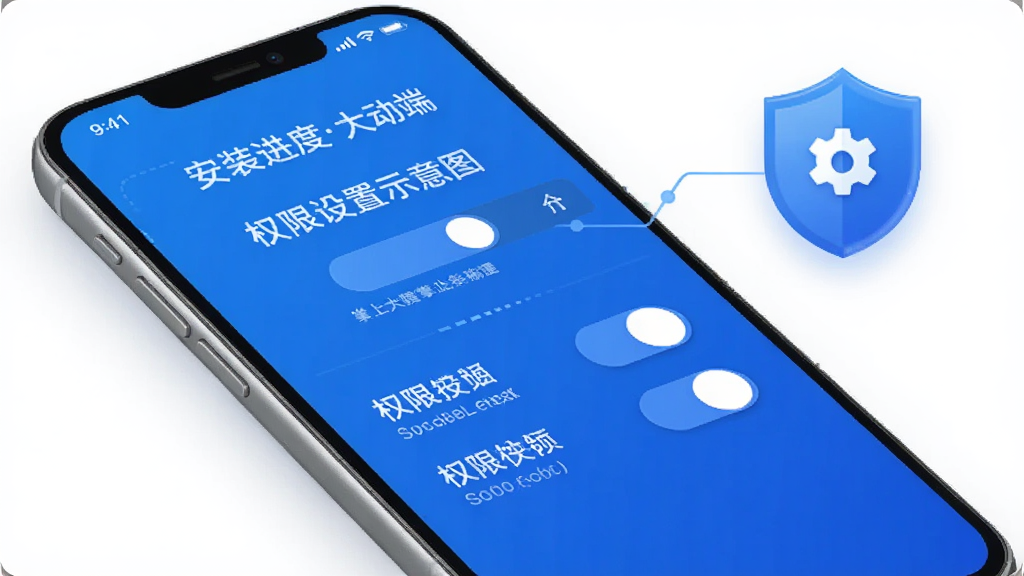 掌上大干院移动端安装与权限设置示意图,手机屏幕展示安装进度与权限开关,旁边有盾牌与齿轮图标,蓝色与白色为主,布局清晰,风格科技,细节干净,画质清晰,无多余元素