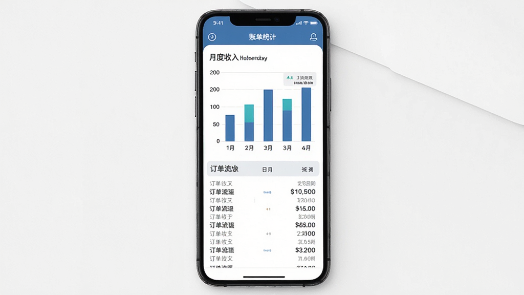 货车运货车主应用中的账单统计页面,主体为手机屏幕显示柱状图与收支明细列表,布局采用上下结构,上方为月度收入图表,下方为订单流水,风格商务简约,细节包括数字金额、日期标签、图表刻度,画质高清,画面干净,无多余元素