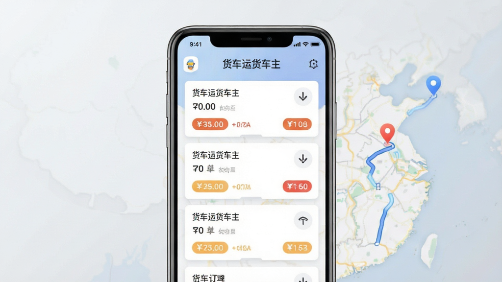 货车运货车主应用界面展示,主体为手机屏幕中的货源列表与地图导航页面,布局采用居中排版,背景为浅灰色渐变,风格简洁科技感,细节包括订单卡片、价格标签、路线曲线、定位图标,画质清晰,画面干净,无多余元素,屏幕中文字标注“货车运货车主”