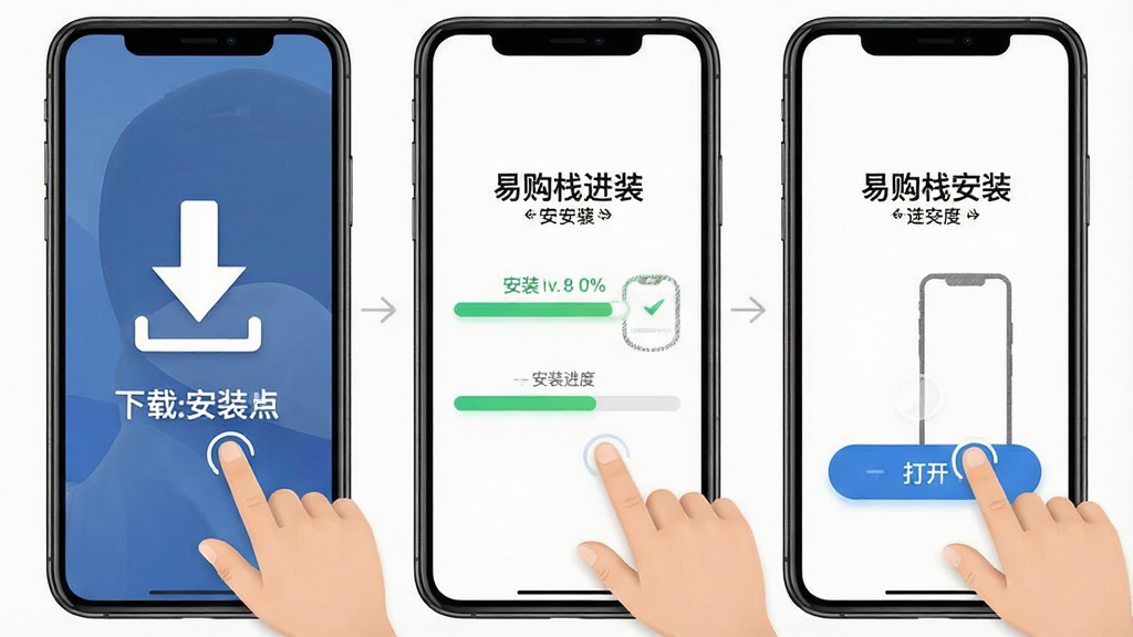 一张易购栈安装步骤示意图,画面展示手机屏幕从下载到安装完成的三个画面,分别有下载箭头、安装进度条与打开按钮,旁边有手指点击图标,风格直观,布局清晰,细节到位,画质高清,干净无多余元素