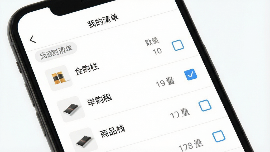 一张易购栈购物清单管理界面图,手机屏幕显示清单列表,每行有商品名称、数量与勾选框,屏幕上方有“我的清单”字样,背景为白色,风格简约,细节清晰,画质高清,干净无多余元素
