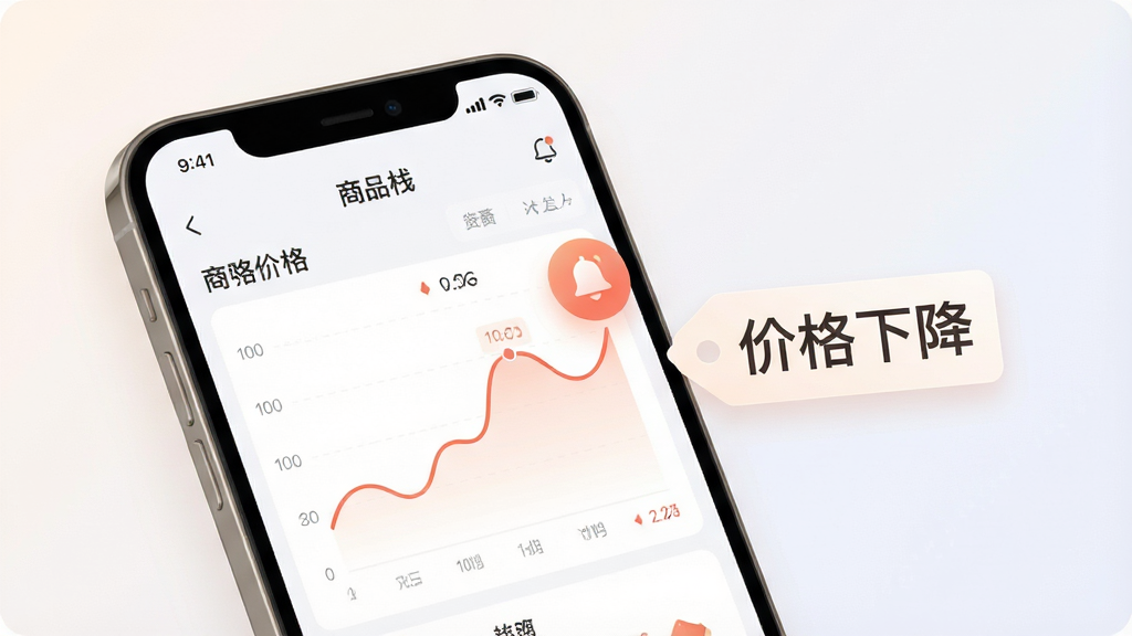 一张易购栈价格提醒功能示意图,手机屏幕显示商品价格曲线图与铃铛图标,旁边有“价格下降”字样标签,整体色调柔和,风格现代,细节到位,画质高清,干净无多余元素