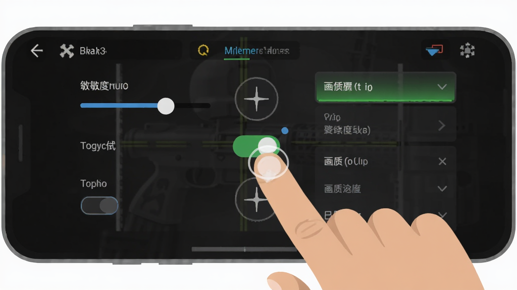 手机屏幕显示致命狙击设置界面,包含灵敏度滑块、陀螺仪开关、画质选项列表,旁边有手指点击操作示意,画面采用扁平化UI风格,背景为深色游戏界面,画质清晰,干净无多余元素,画面中不出现文字