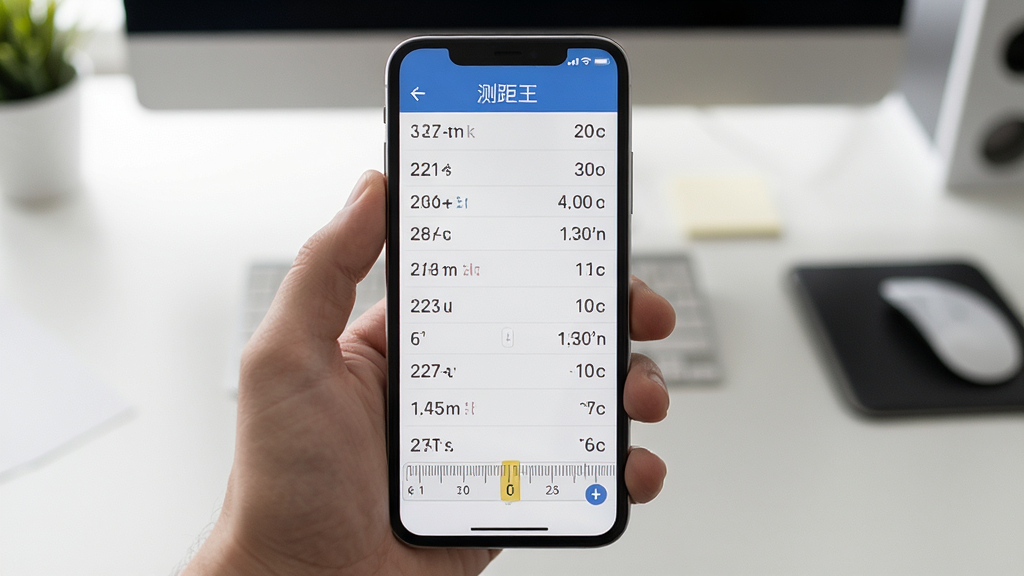 免费尺子测距王 手机屏幕显示测量历史记录列表 带有数字和单位 桌面环境 布局规整 简约风格 细节清楚 画质干净 无多余元素