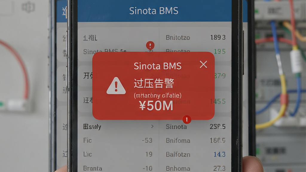 һ��Sinota BMS�澯��ʾ�������ͼ���������ֻ���Ļ������ɫ���洰�ڣ�����Ϊ��Ļ���У��Ű�Ϊ�������������ݽ���֮�ϣ����ΪдʵUI�磬ϸ�ڰ�������ͼ�����ֵ�����ǣ���Ļ����ʾ���֡�Sinota BMS���͡���ѹ�澯�������������ɾ��޶���Ԫ��