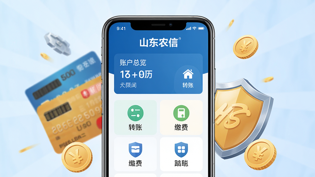 画面中央展示一部智能手机,手机屏幕上清晰显示“山东农信”App的首页界面,包含账户总览、转账、缴费等图标按钮;手机周围环绕着银行卡、盾牌、金币等金融元素,背景为浅蓝色渐变,整体布局居中对称,风格简洁现代,细节清晰,画质高清,干净无多余元素