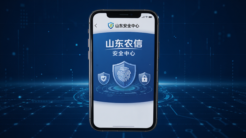画面中央是一部智能手机,屏幕显示“山东农信”安全中心页面,有盾牌、指纹、锁头图标,背景为深蓝色科技感网格,主体清晰,布局居中,风格稳重安全,细节精致,画质高清,干净无杂乱元素