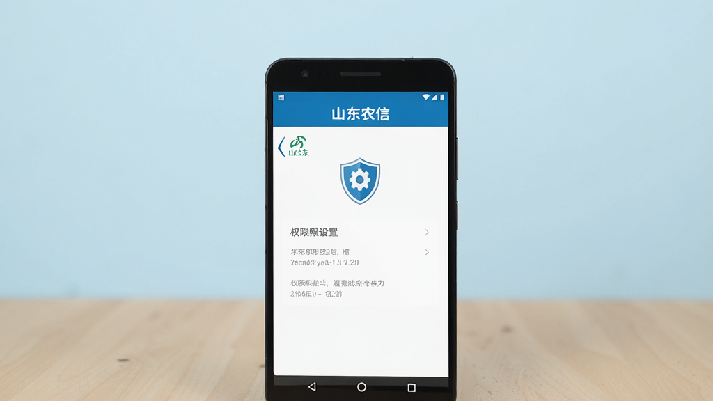 一部安卓手机放在桌面上,屏幕显示“山东农信”App的权限设置页面,旁边有盾牌和齿轮图标,背景为淡蓝色,主体清晰,布局居中,风格简洁实用,画质高清,干净无多余元素