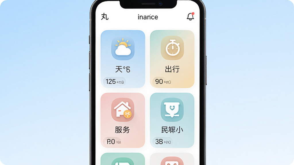 画面主体为丸子通通应用界面,界面中展示多个生活信息卡片,包括天气、出行、周边服务等图标,色彩柔和,布局整齐;背景为淡蓝色渐变,风格清新简约,细节清晰,画质干净,无多余元素,高分辨率。