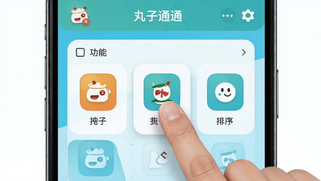 画面主体为丸子通通应用设置界面,界面中显示功能模块拖拽排序的交互示意,手指正在拖动图标,布局清晰,色彩明快,风格现代简约,细节清晰,画质干净,无多余元素,高分辨率。