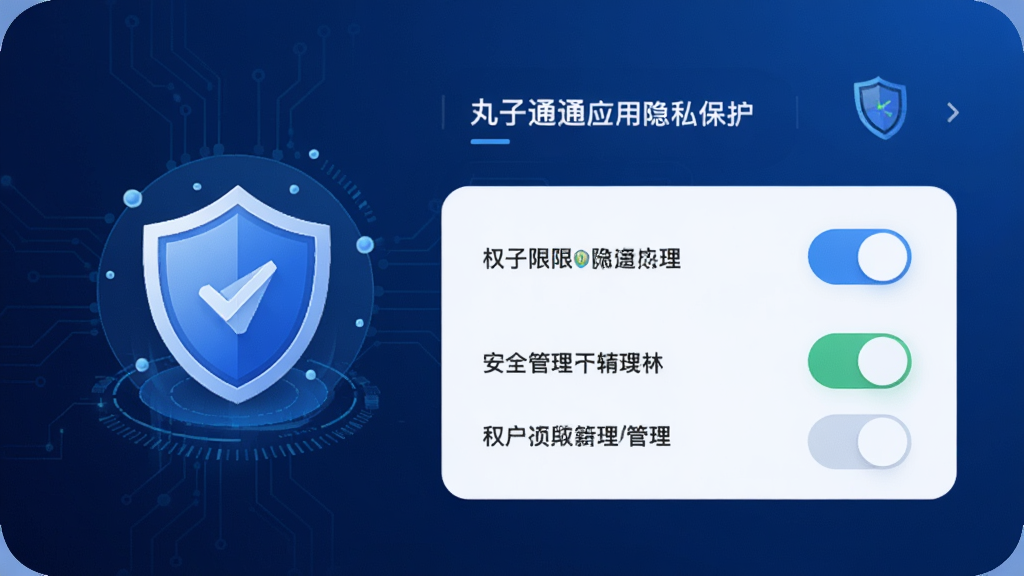 画面主体为丸子通通应用隐私保护界面,界面中显示盾牌图标与权限管理开关,背景为深蓝色科技感渐变,风格安全可靠,细节清晰,画质干净,无多余元素,高分辨率。