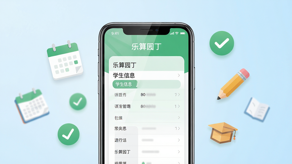 乐算园丁手机应用主界面展示,画面中央放置一部智能手机,手机屏幕上显示乐算园丁的课表管理与学生信息界面,界面采用清新的绿色与白色配色,周围漂浮着日历、对勾、铅笔等教育相关图标,整体布局简洁有序,风格为现代扁平化UI设计,细节上手机屏幕有轻微反光质感,背景为柔和渐变浅蓝色,画质高清,干净,无多余元素