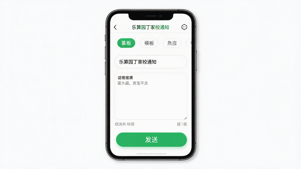 乐算园丁家校通知发送界面,画面展示手机屏幕上的通知编辑页面,包含标题输入框、正文编辑区与发送按钮,屏幕上方有模板选择标签,布局为上下结构移动端表单,风格为简洁商务风,细节上按钮为圆角矩形并带有绿色高亮,背景为白色,画质高清,干净,无多余元素
