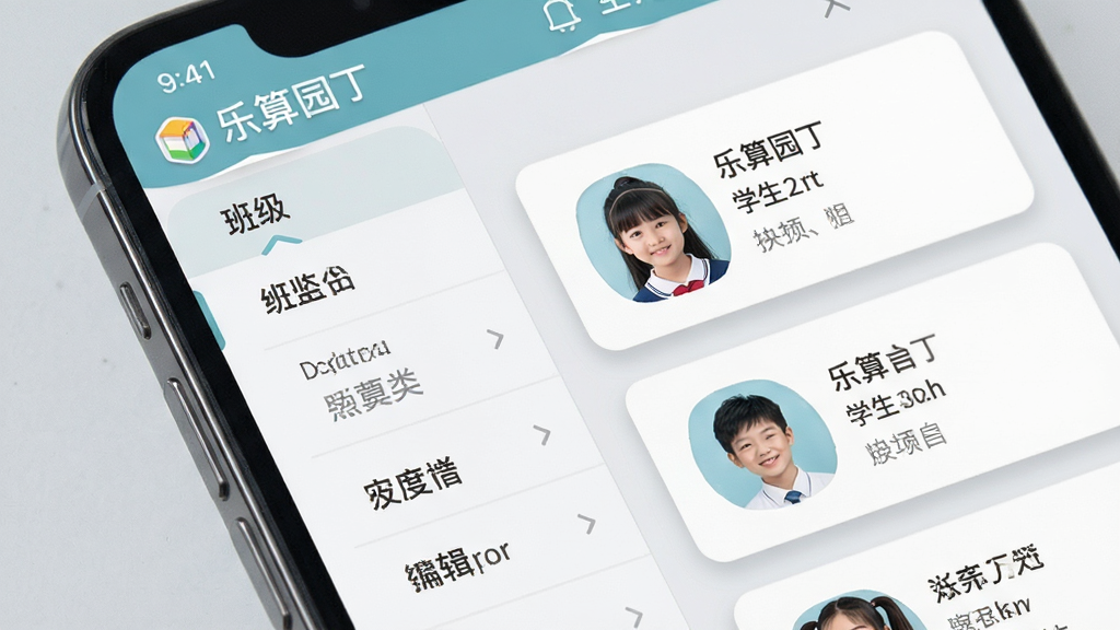 乐算园丁学生信息管理界面特写,画面以手机屏幕为主体,屏幕上显示学生列表与详情编辑页面,左侧有班级分类导航栏,右侧展示学生头像与基本信息卡片,布局为左右分栏式移动端界面,风格为清爽的卡片式设计,细节上卡片带有轻微阴影与圆角,背景为浅灰色,画质清晰,干净,无多余元素