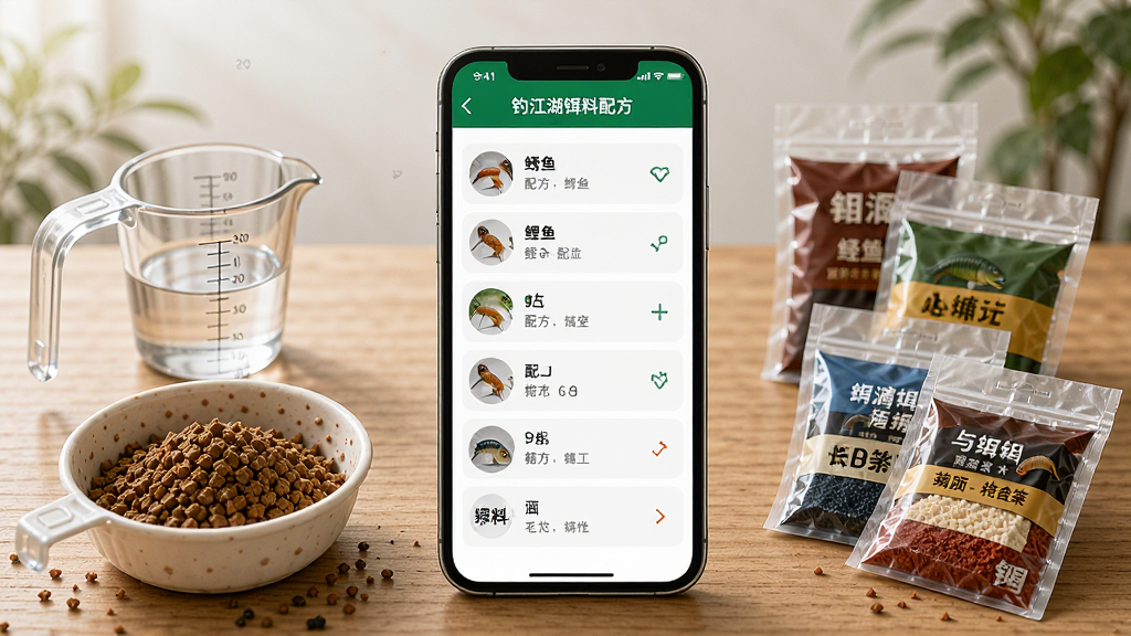 一张钓江湖饵料配方页面展示图,画面中央是手机屏幕,屏幕内显示饵料配方列表,包含鲫鱼配方、鲤鱼配方等条目,旁边有量杯、饵料盆和几种饵料袋,背景是木质桌面,光线柔和,风格生活化,细节清晰,画质高清,干净整洁