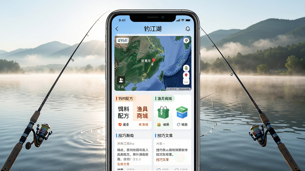 一张展示钓江湖软件界面的手机屏幕效果图,画面中央是手机竖屏,屏幕内显示钓江湖APP首页,包含钓点地图、饵料配方、渔具商城、技巧文章等模块入口,背景是清晨湖边钓鱼场景,有钓竿、水面波光、远山和薄雾,整体风格清新自然,布局居中对称,细节丰富,画质高清,干净无多余元素