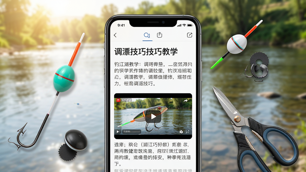 一张钓江湖技巧教学页面展示图,手机屏幕显示调漂教学文章和视频封面,屏幕周围有浮漂、铅皮、剪刀等小配件,背景是户外河边,阳光明媚,风格教学实用风,细节丰富,画质高清,干净无多余元素