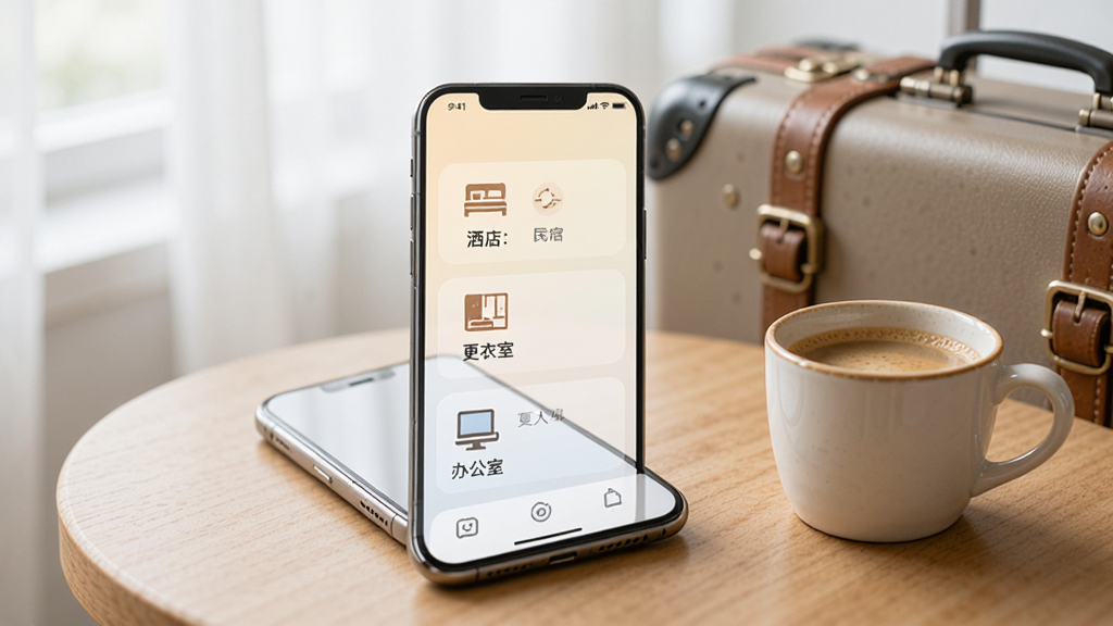 针孔摄像头探测器应用内展示多种场景选择界面,包括酒店、民宿、更衣室、办公室等图标,每个图标旁有简短说明,背景为浅色渐变,界面清爽,手机放置在桌面上,旁边有一杯咖啡和旅行箱,整体氛围轻松安心,高清画质,干净无多余元素