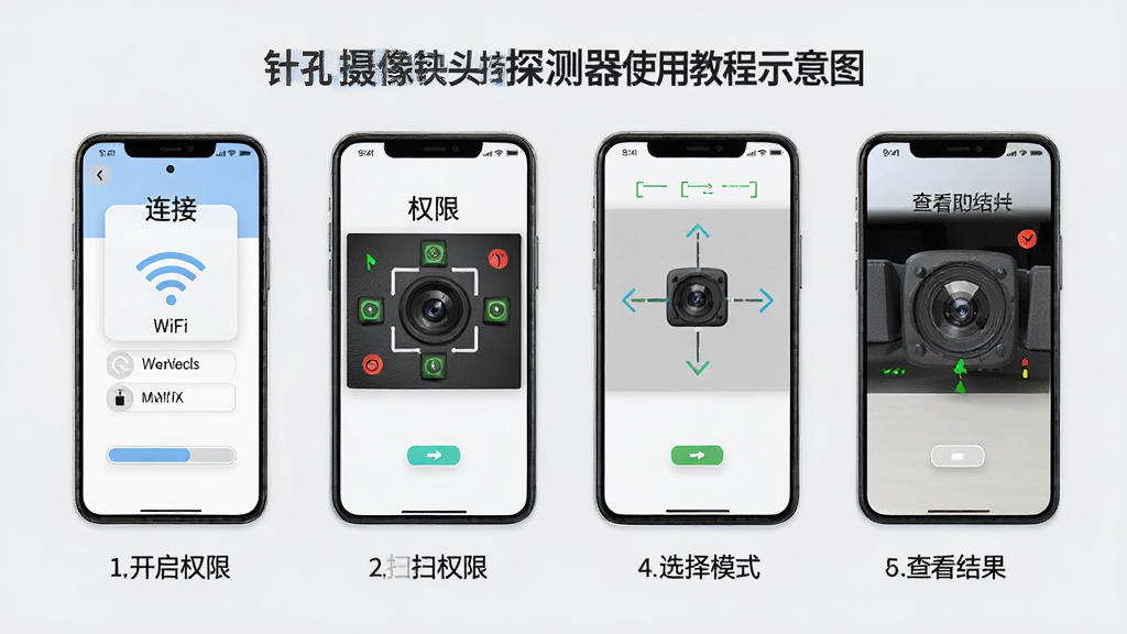 针孔摄像头探测器使用教程示意图,手机屏幕显示操作步骤,包括连接WiFi、开启权限、选择扫描模式、查看结果四个画面,每个画面配有简短文字说明,整体排版清晰,风格简洁明快,背景为浅灰色,适合作为软件使用指南配图,高清画质,无多余元素